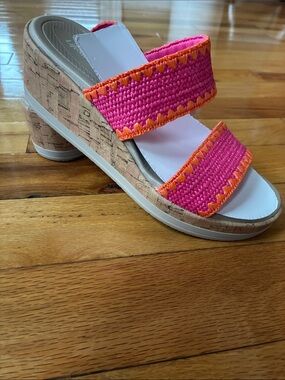 LifeStride Pink and Orange Woven Cork Wedge Slides